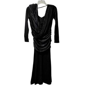 ChicMe Womens Black Ruched Draped Long Sleeve V-Neck Maxi Evening Gown Size M